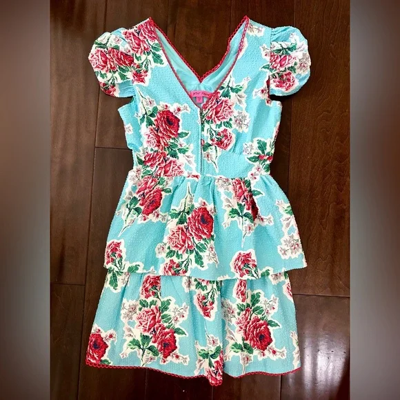 Betsey Johnson Teal Blue Floral Babydoll Tiered seersucker Tea Dress - Picture 3 of 10